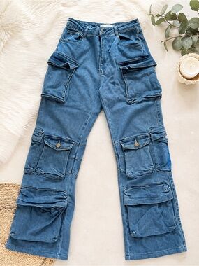 Men's Blue Cargo Denim Jeans - Multi-Pocket Utility Style